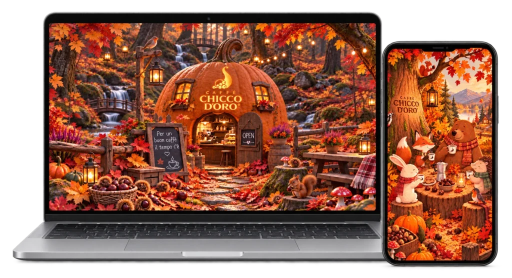 Wallpaper autunnali Chicco d’Oro: un caffè tra le zucche sul portatile e il calore del bosco sul telefono